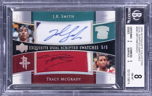2004-05 UD "Exquisite Collection" Dual Scripted Swatches #SM J.R. Smith/Tracy McGrady Dual Signed Patch Card (#5/5) - BSG NM-MT 8/BGS 9